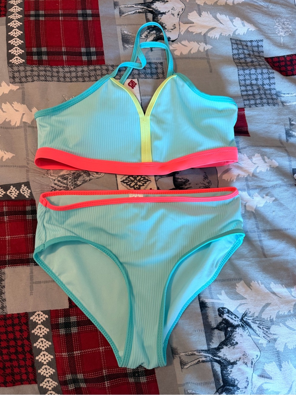 Justice Aqua Two-Piece Swim Set with Coral & Yellow Accents